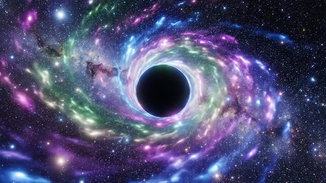 A central black hole pulls in colorful cosmic gas and stars creating a vibrant swirling vortex in deep space. Digital illustration.