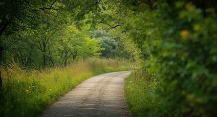 Obraz premium Gentle pathway amidst flourishing foliage in a tranquil open space