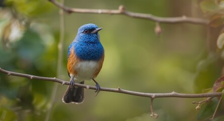 Naklejka premium A charming Red-flanked Bluetail bird in vivid blue with joyful expression on a branch