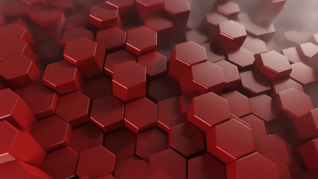 Abstract loop floating red hex tiles rotating layered depth ambient fog diagonal futuristic cinematic surreal ethereal ambience cascading softly glowing abstract unique style