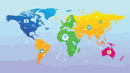 Colorful world map with connectivity icons representing global communication © Regina