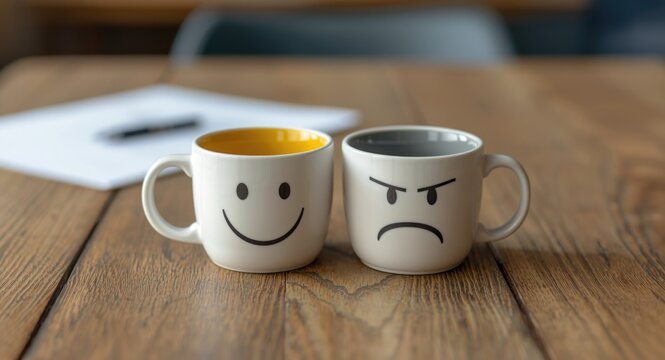 Happy and unhappy coffee cups on wooden table depicting emotional contrasts in property talks and client interactions