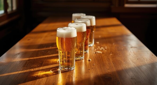 Golden beer glasses showcased in a straight line atop a warm timber table