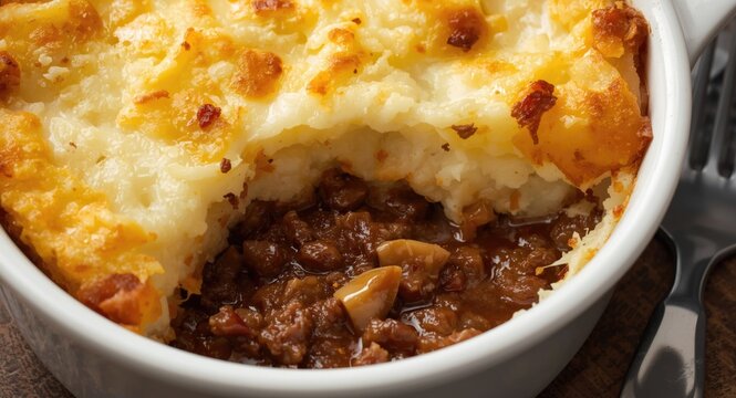 Homemade shepherds pie with savory ground meat and velvety mashed potato topping