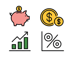 Obraz premium A graphic illustration of financial icons including a piggy bank, coins, a bar graph, and a percent sign.