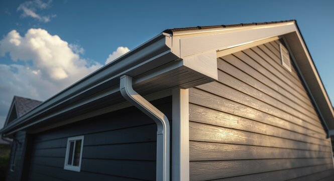 Exterior home closeup showing white gutter guard and soffit on upscale vinyl siding