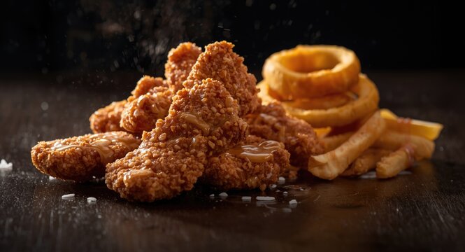 Delicious fried chicken nuggets with thick fries and crispy onion rings