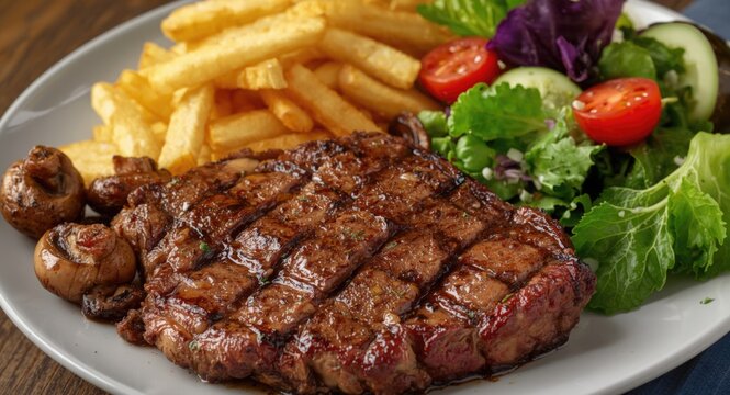 Grilled ribeye steak alongside mushrooms chips french fries and vibrant garden salad copy space