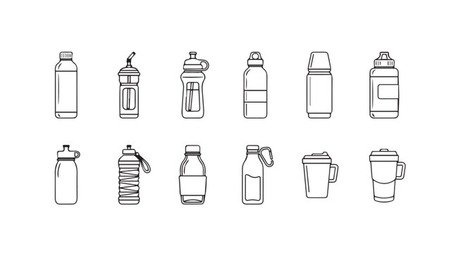 Assorted Reusable Water Bottles and Drinkware Outline Icons