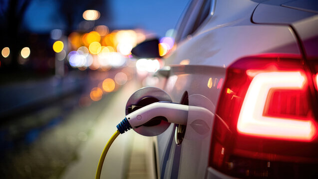 Electric car charging at night in a city with glowing lights and busy roads in the background