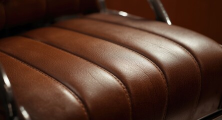 Detailed lens on the rich brown leather upholstery of a classic barber chair seat