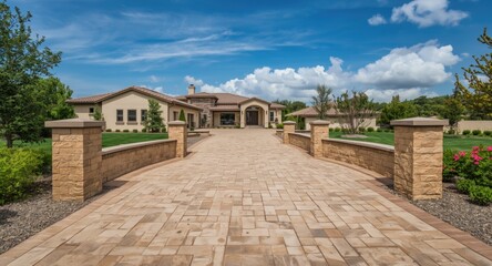 Driveway outlined by a decorative seat wall with stone pillars and natural coping