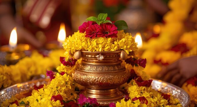 Flower-covered Kalash representing wealth during happy Dhanteras and Laxmi Pujan