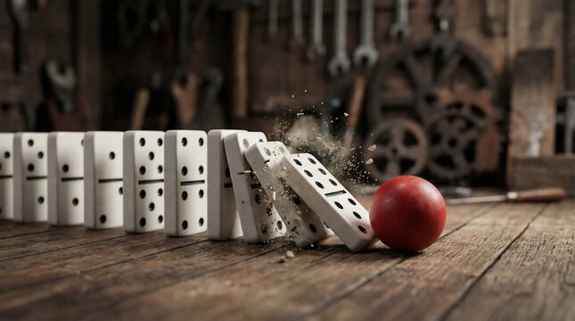 A single red ball knocks down a line of white dominoes across a rustic wooden workbench in a dimly lit workshop environment.