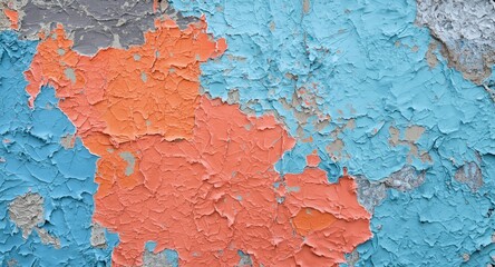 Obraz premium Dynamic background of abstract textured wall showing vivid peeling paint in blue and orange with grey accents