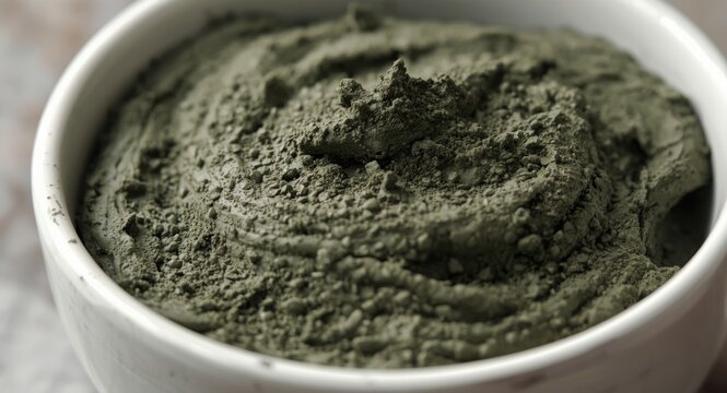 DIY natural spa body wrap using bentonite clay in white bowl close-up copy space
