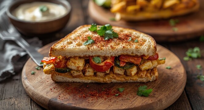 Grilled paneer and assorted vegetable sandwich with Indian tandoori spices