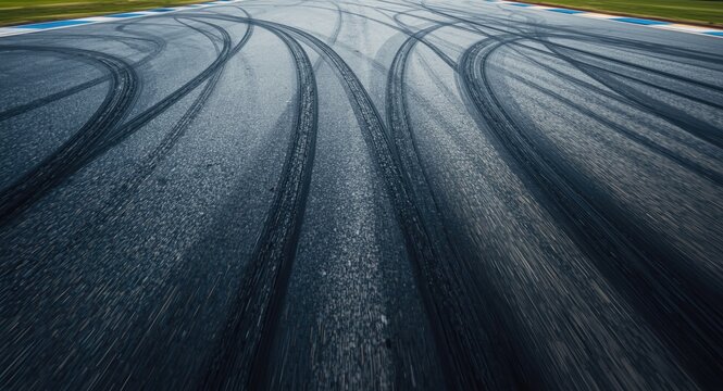 Abstract background featuring tire skid marks on a race track with copy space