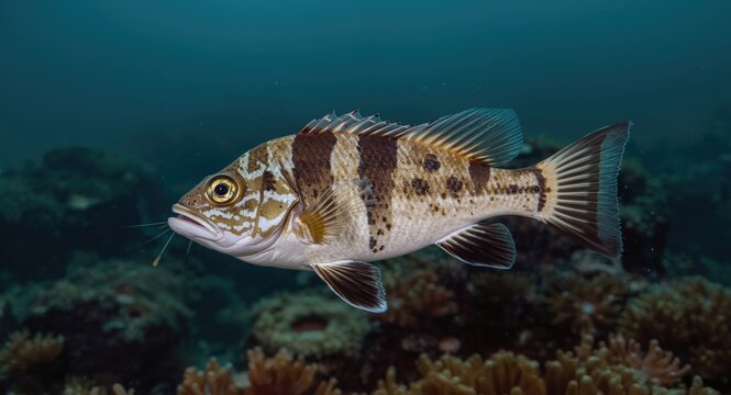 Distinctively marked Wolf Fish moving smoothly in underwater habitat
