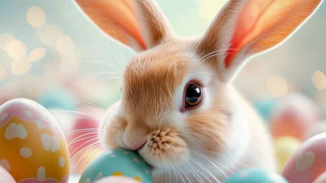 Adorable bunny among colorful easter eggs with soft pastel background