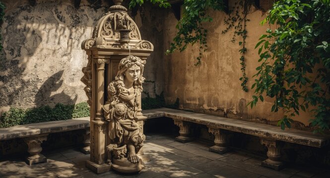 Elegant historic fountain with sculpted mascaron and stone bench seating in rustic corner