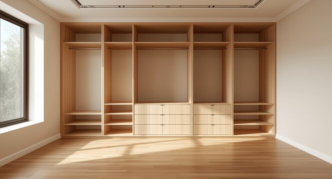 Clean interior design featuring built in wardrobe with empty shelving