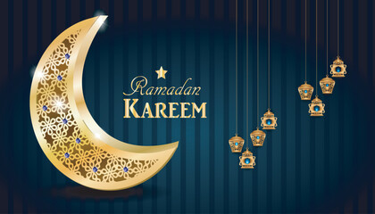 Ramadan kareem greetings with golden crescent moon and hanging lanterns © Dot Spring