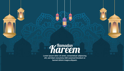 Ramadan kareem mosque silhouette and hanging lanterns with elegant background © Dot Spring