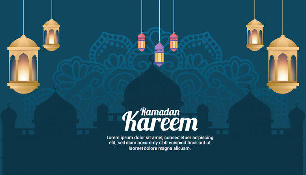 Ramadan kareem mosque silhouette and hanging lanterns with elegant background