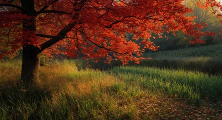 Store enrouleur  Artistic fall landscape showing a red tree beside autumn grass in a peaceful forest garden  ©  AugmentArt