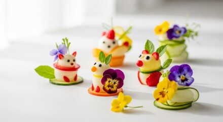 Fototapeta premium Whimsical edible creations crafted from fresh fruits and vegetables, adorned with delicate flowers.