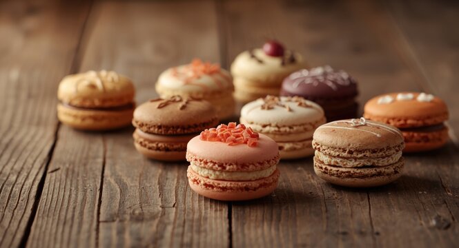 Flavored macaroons with creative decoration on a natural rustic wooden background