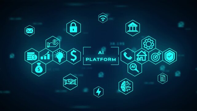 Digital network of interconnected hexagonal representing finance technology artificial intelligence security and communication on a dark blue background with blurred numerical data