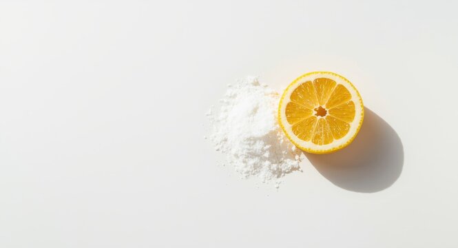 Fresh lemon fruit and baking soda powder presented on stark white background