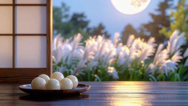 縁側と月見団子の日本のお月見ループ映像