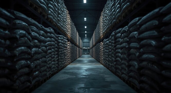 Indoor fertilizer storage facility with urea awaiting shipment
