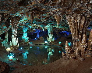Obraz premium Intensely colored lighting illuminates majestic stalactite and stalagmite formations surrounding a still, reflective pool inside a mysterious cavern.