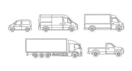 Collection of various delivery trucks and vans outline drawings. © Fatimah