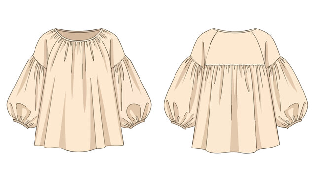 Professional technical flat sketch of a modern women's blouse with voluminous gathered balloon sleeves and a relaxed silhouette. This illustration