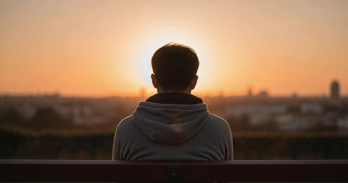 Person silhouetted sitting overlooking cityscape at sunset