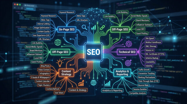 A vibrant infographic illustrating the complex concept of SEO with colorful lines and keywords