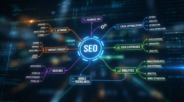 A computer monitor displays a vibrant SEO infographic on a desk with a keyboard and mouse