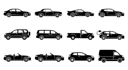 Collection of Various Car Silhouettes on White Background.