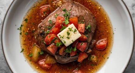 Close overhead of fresh calf liver cooking on white pan with butter diced tomatoes and green parsley