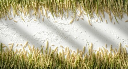 Koji rice stalks and grains arranged neatly on a white backdrop
