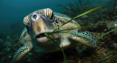 Obraz premium Close-up photo of a green sea turtle munching healthy sea grass underwater