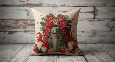 Holiday themed throw pillow cushion featuring Christmas design with bow wrapped gift and decorative gnomes on white wood backdrop