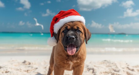Content Mastiff Puppy Wearing Red Santa Hat on Bright and Sunny Beach