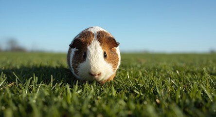 Energetic pet guinea pig digging through fresh green grass lawn in full length on a warm summer afternoon with copy space