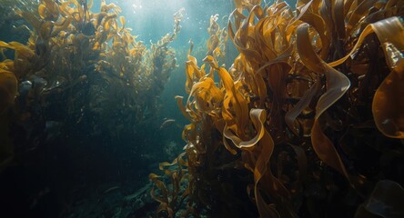 Healthy marine habitat created by dense giant kelp beds with copy space